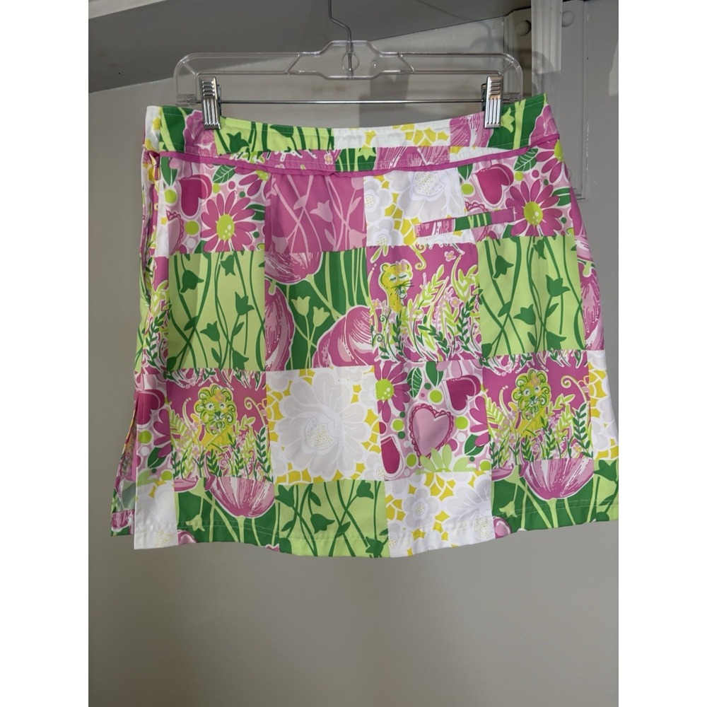 VTG LILLY PULITZER Pink Green Patch Print Skirt Skirt 10 Lion Cheetah Golf - Picture 3 of 7